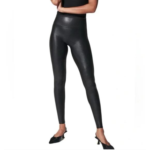 SPANX Pants - Spanx Leggings Womens Small Black Faux Leather Stretch‎ High Rise Seamless